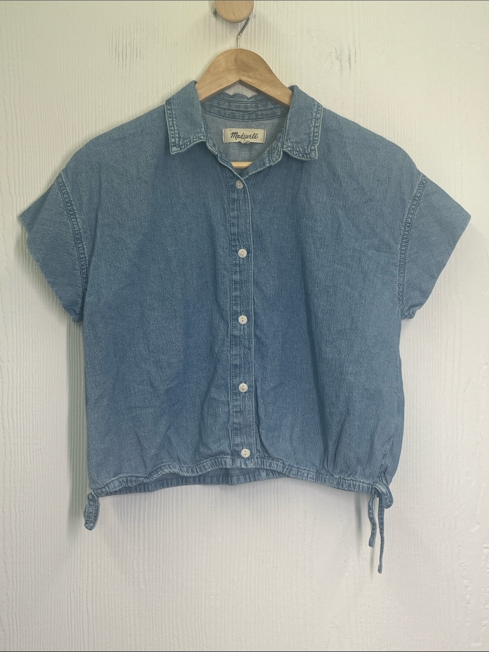 Madewell - Lightwash Button Down Cotton Side Tie Short Sleeve Blouse Size Small - Picture 6 of 9